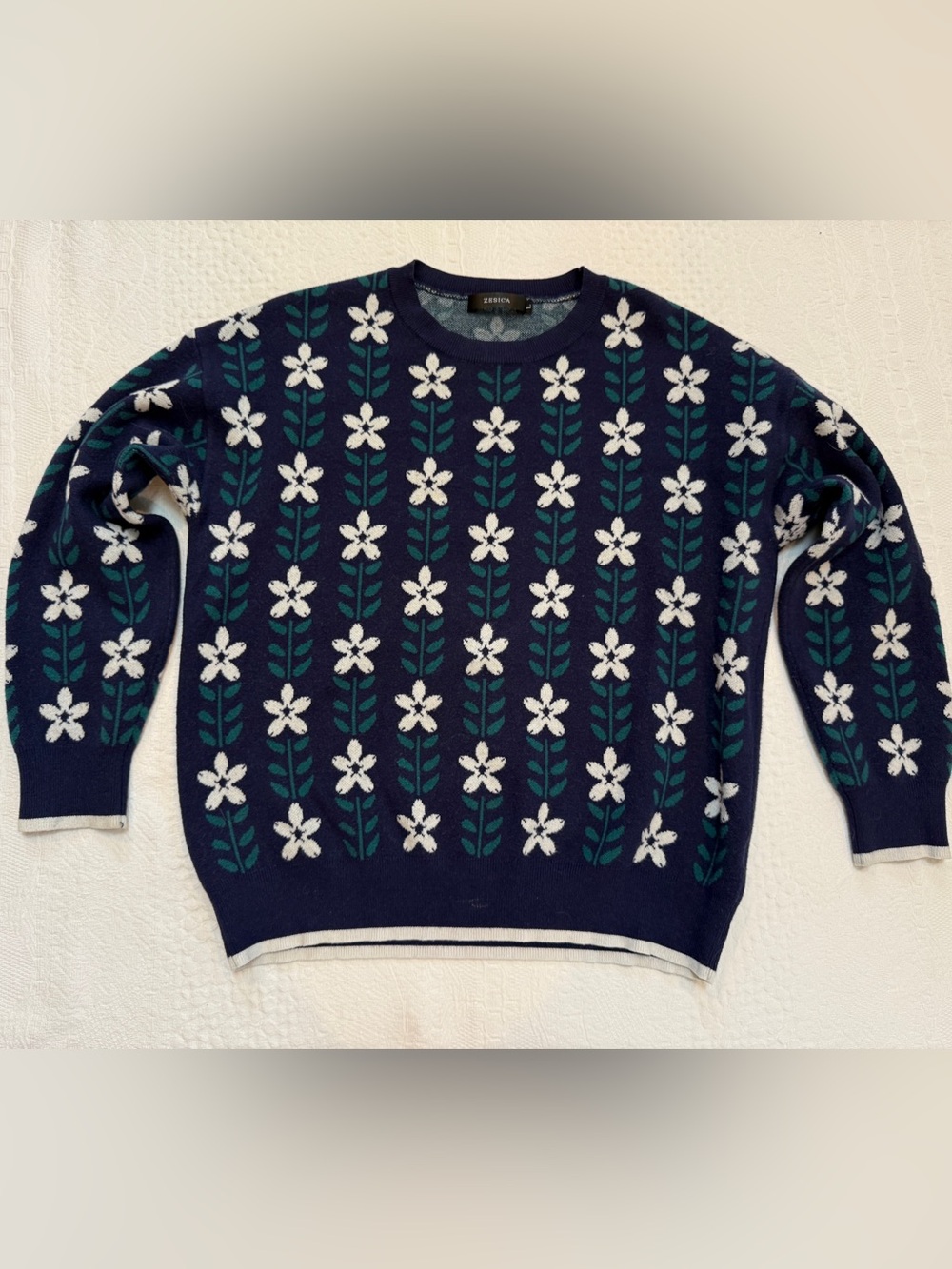 Floral Print Crewneck Pullover Sweater Blue Women’s Size Large L Zesica